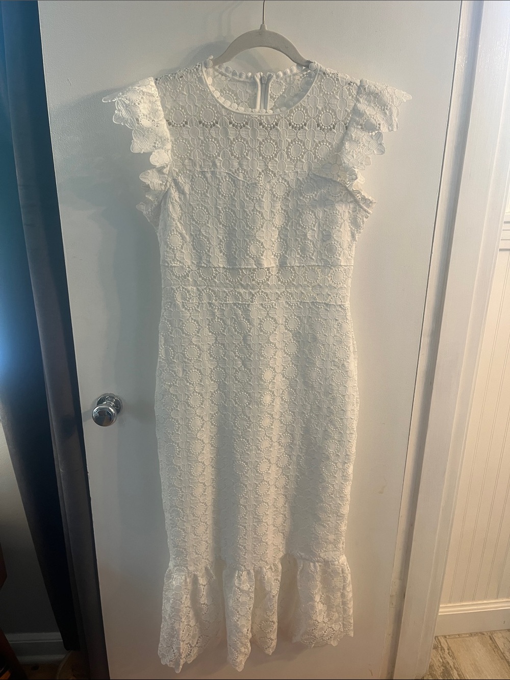 Blu Pepper White Lace Midi Dress with Ruffle Hem